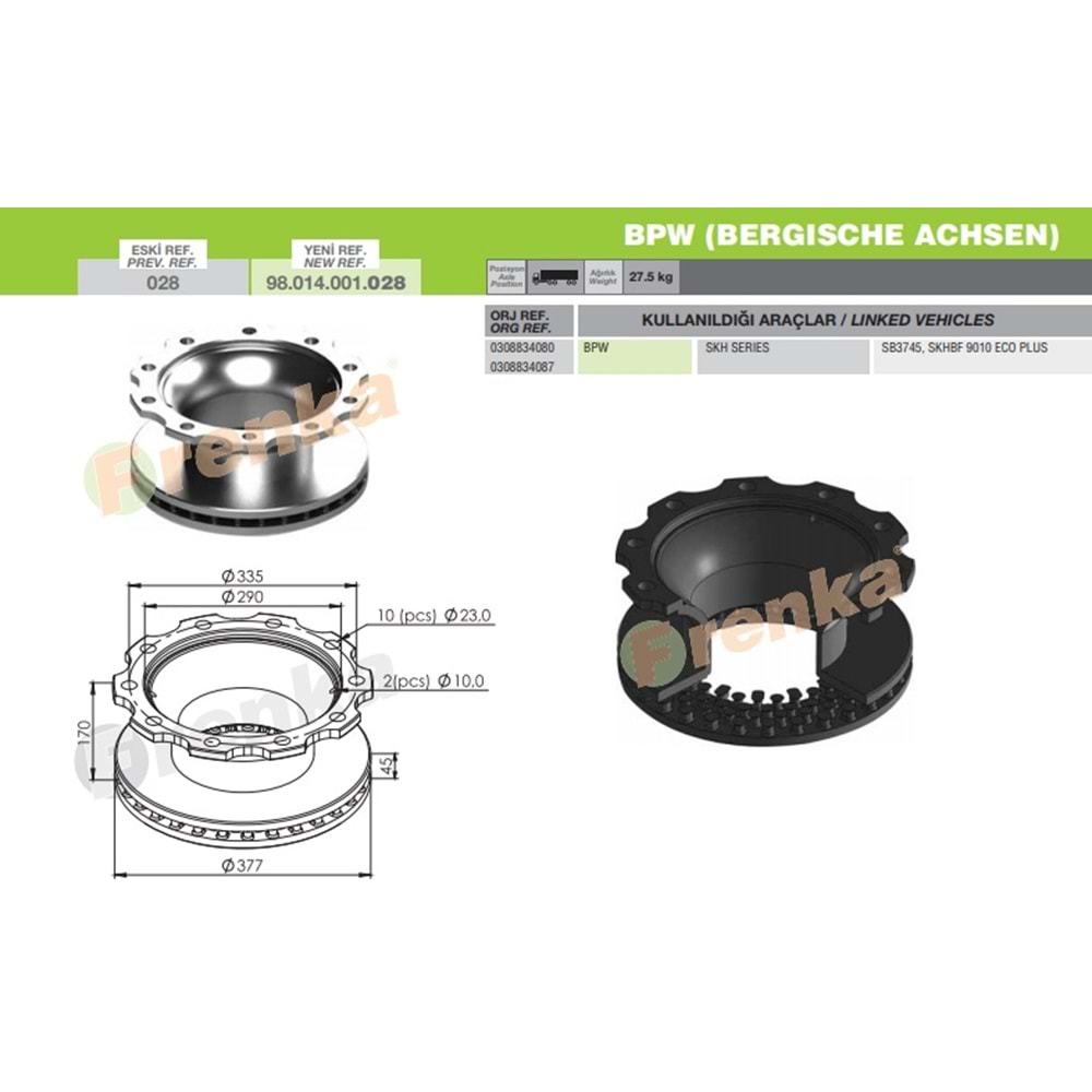FREN DİSK BPW KOGEL 170 LİK SKHBF 9010 - FRENKA