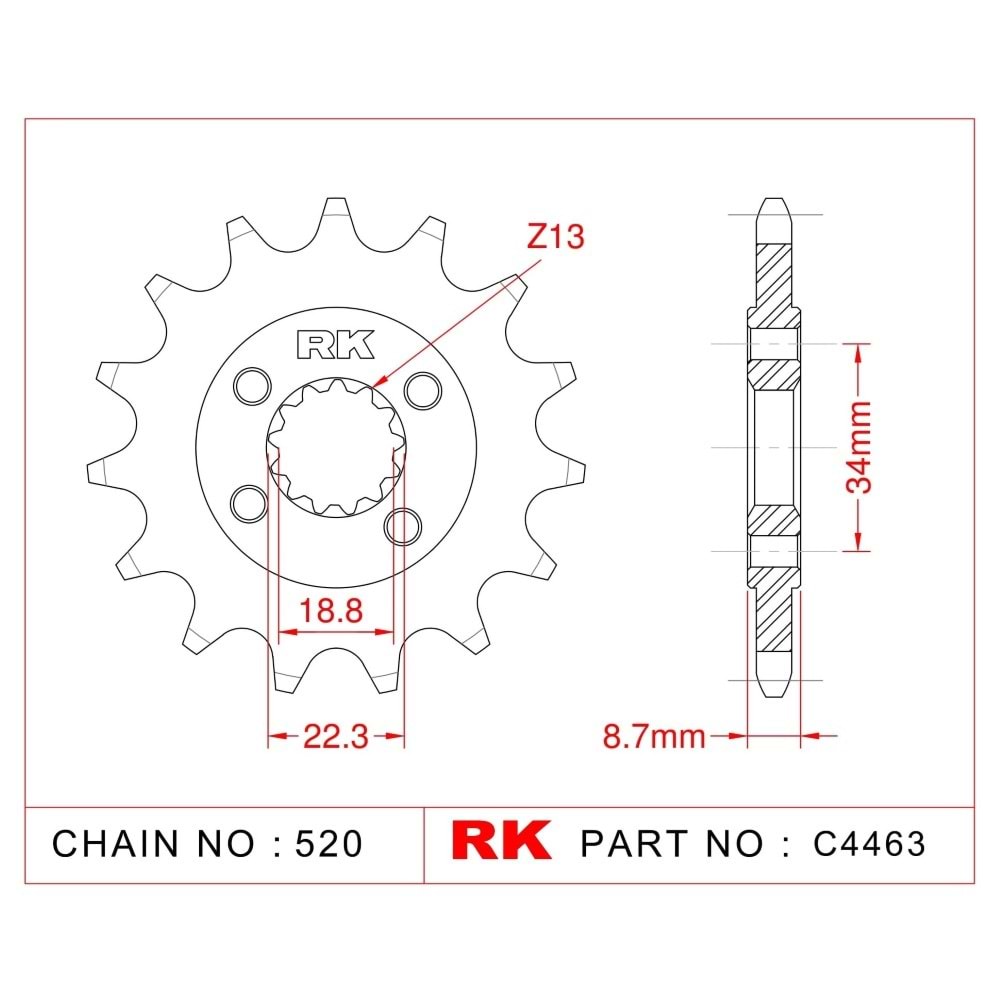 Dişli Çelik Ön Rk C4463/c4464-14, DUKE 250 520 X 14T