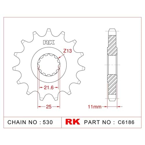 Rk Ön Dişli C6186-16 Diş Yamaha Fz 6, Fazer, Fz 6 Fazer S2 Abs 07-09
